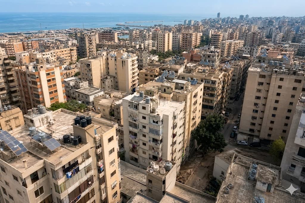 Aerial view of a dense residential building block in Tripoli, Lebanon